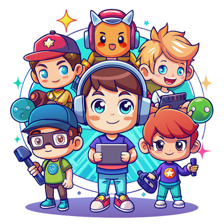 Group of cute cartoon kids holding video game controllers.のイラスト素材