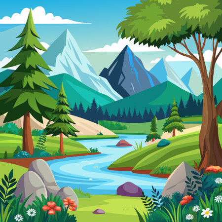Lush green forest with mountains, river and flowers.のイラスト素材