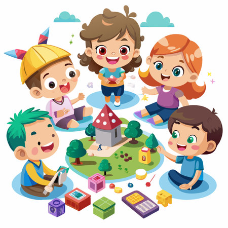 Four happy kids playing together around a house and toys.のイラスト素材