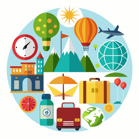 Colorful travel icons illustration with a clock, airplane, suitcase, hot air balloon, mountains, bus and globe.のイラスト素材
