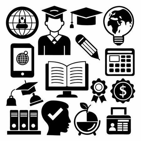 Black and white icons set of education and learning, online courses, knowledge, training, graduation, science, student, certificate, success.のイラスト素材