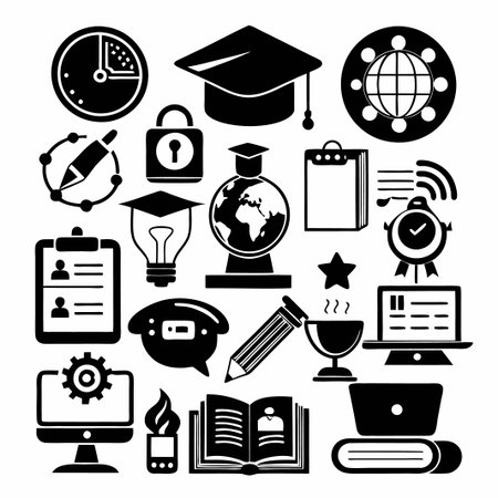 Black and white icons related to education, technology, and online learning.のイラスト素材