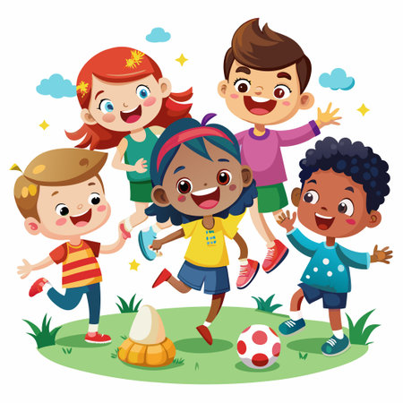 Happy children playing on a green field, they are all smiling and looking at the camera.のイラスト素材