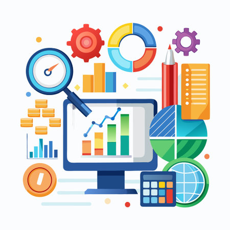 Business and finance  visuals including graphs, charts, and icons.のイラスト素材