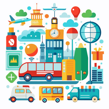 Colorful city with buildings, transportation, and icons.のイラスト素材