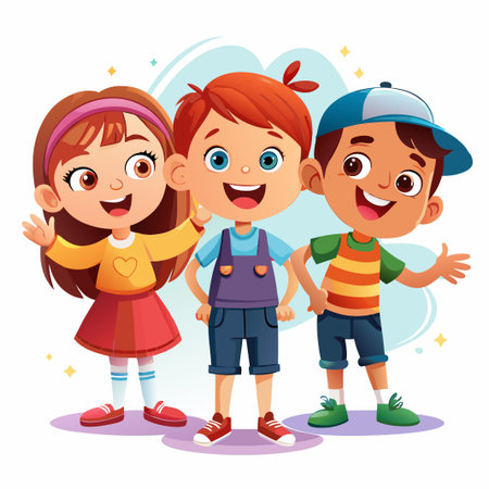 Three happy cartoon children standing together.のイラスト素材