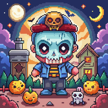 Pixel art spooky character with pumpkins and a house in the background.のイラスト素材