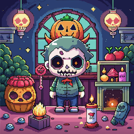 Pixelated skull character in front of fireplace with candles and a pumpkin.のイラスト素材