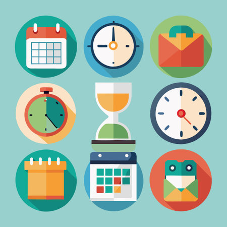 Nine colorful icons of a calendar, clock, hourglass, and envelope in flat design style.のイラスト素材