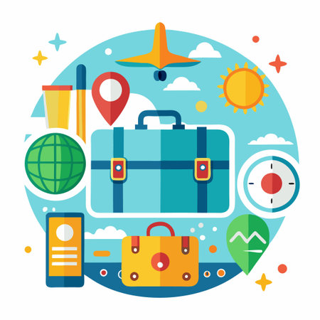 Flat illustration of travel icons, including a suitcase, airplane, globe, sun, and compass.のイラスト素材