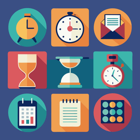Set of nine flat icons for time management.