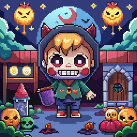 Pixelated Halloween Character Holding a Jack-o'-Lantern.のイラスト素材