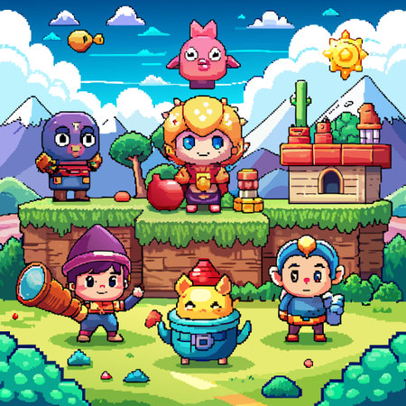 Pixelated cartoon characters in a colorful landscape.