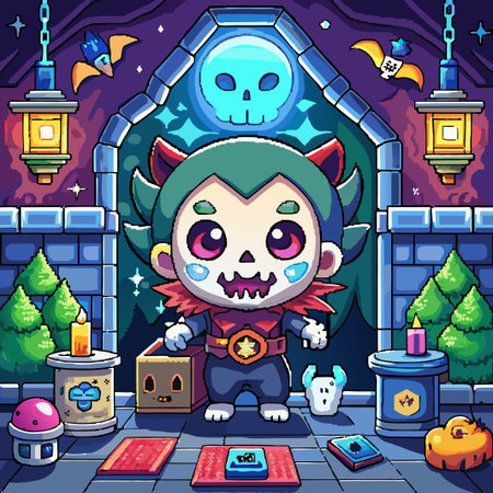 Cute cartoon character with a skull face standing in front of a skull archway with lanterns, trees, and other props.のイラスト素材
