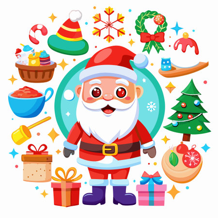 Happy Santa Claus surrounded by Christmas icons and symbols.のイラスト素材