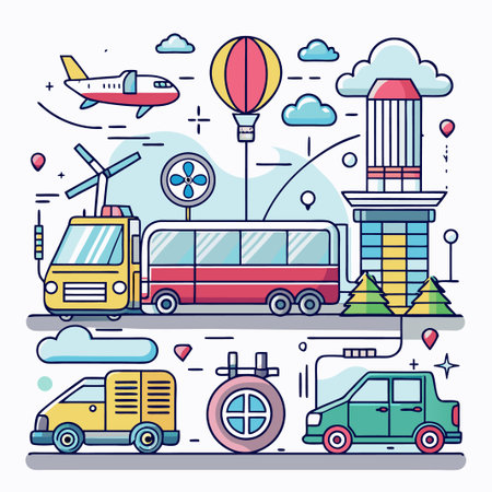 Colorful line art illustration of a cityscape with cars, a hot air balloon, a plane, and a building.のイラスト素材