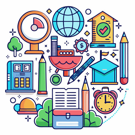 Colorful illustration of learning and education icons.のイラスト素材