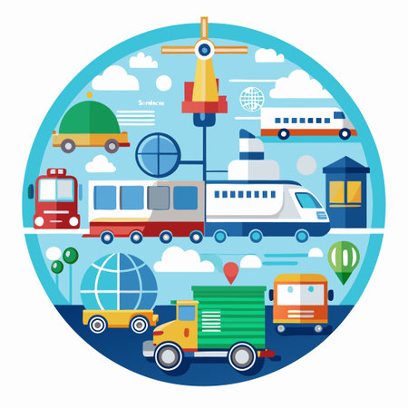 Colorful illustration of various vehicles and transport symbols inside a blue circle against a white background.のイラスト素材