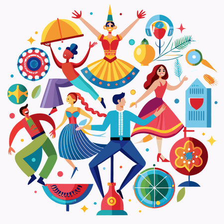 Colorful Illustration of People Dancing with Festive Objects Around Them.のイラスト素材