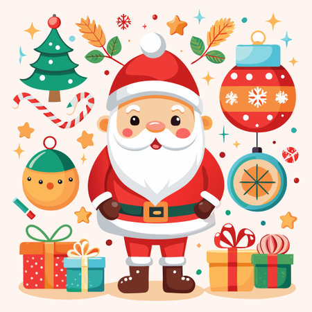 Happy Santa Claus surrounded by Christmas elements like a Christmas tree, ornaments, gifts, and candy canes.のイラスト素材