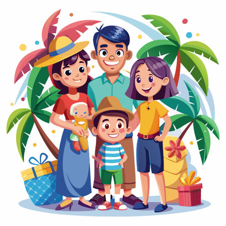 Happy Family of Four Standing Together in Front of Palm Trees.のイラスト素材