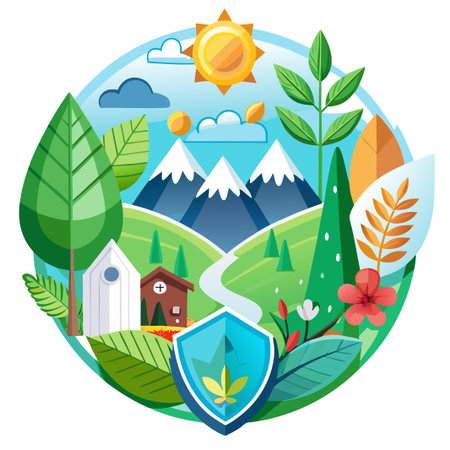 A green shield with a marijuana leaf in the center, surrounded by a landscape of mountains, houses, trees, and flowers.のイラスト素材