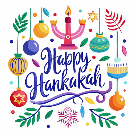 Happy Hanukkah greeting with colorful ornaments, menorah and stars.のイラスト素材