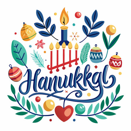 Colorful illustration of a Hanukkah menorah with candles, ornaments, and leaves.のイラスト素材