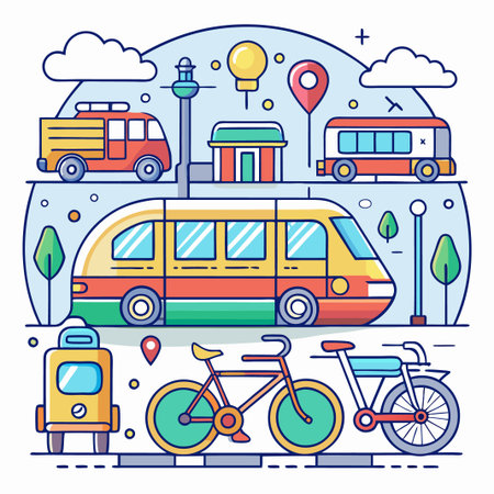 Illustration of city transportation with various vehicles including buses, bicycles, trucks, and a building with clouds and trees.のイラスト素材