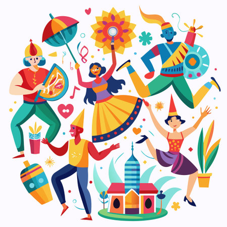 A colorful celebration with people dancing, a house, music and flowers.