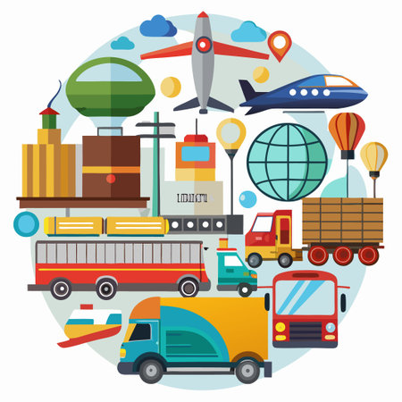 Colorful illustration of various vehicles and travel elements.のイラスト素材