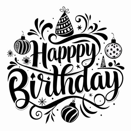Black and white hand-drawn Happy Birthday lettering with festive ornaments.のイラスト素材
