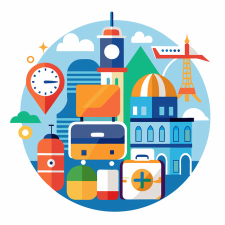 Travel and Tourism Illustration with World Landmarks and Luggage.のイラスト素材