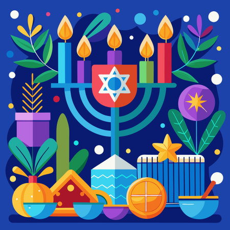 Colorful Illustration of a Menorah with Candles, Star of David and other Jewish Symbols for Hanukkah.のイラスト素材
