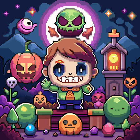 Pixelated Halloween Boy with Pumpkin and Skull.のイラスト素材