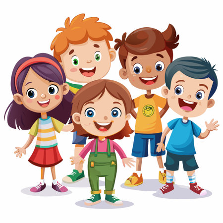 Group of five smiling cartoon children standing together.のイラスト素材