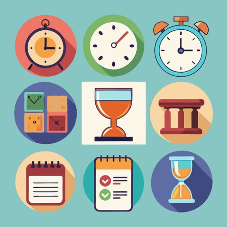 Set of Time Management Icons with Clocks, Hourglass, and a Checklist.のイラスト素材