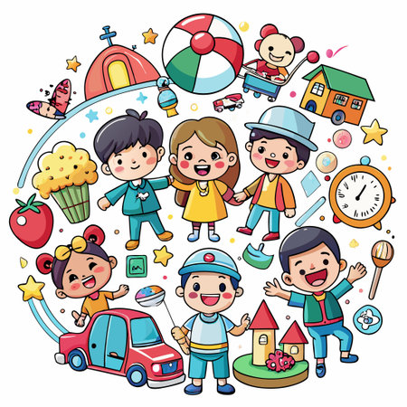 A group of smiling cartoon children playing with colorful toys and objects.のイラスト素材