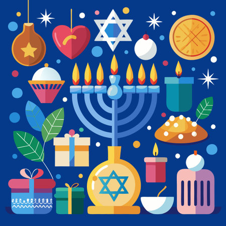 Colorful illustration of menorah, candles, and other symbols of Hanukkah, with gifts and a blue background.のイラスト素材