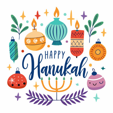 Colorful illustration of Happy Hanukkah with candles, menorah, ornaments, and stars.のイラスト素材