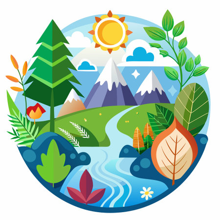 Colorful, flat style illustration of a summer landscape with mountains, a river, trees, flowers, and a bright sun.のイラスト素材