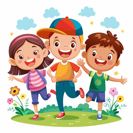Three happy children standing in a grassy field.のイラスト素材