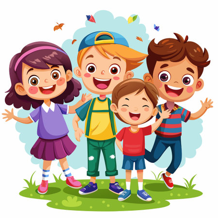 Four happy cartoon children smiling and standing together.のイラスト素材