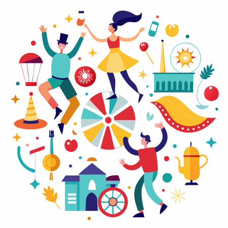 Joyful illustration of people having fun with colorful objects, a playful composition.のイラスト素材