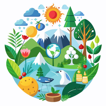 Colorful circular illustration of nature with a sun, clouds, mountains, trees, flowers, birds, and a potted plant.のイラスト素材
