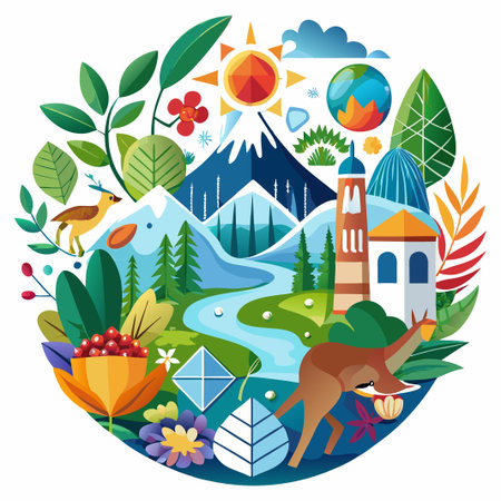 Colorful illustration of a mountain landscape with a river, sun, flowers, birds, and animals.のイラスト素材