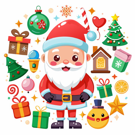 Cheerful Santa Claus Surrounded by Christmas Icons.のイラスト素材