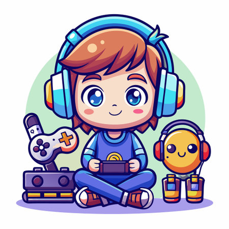 Cute boy gamer wearing headphones playing video games with his robot friend.のイラスト素材