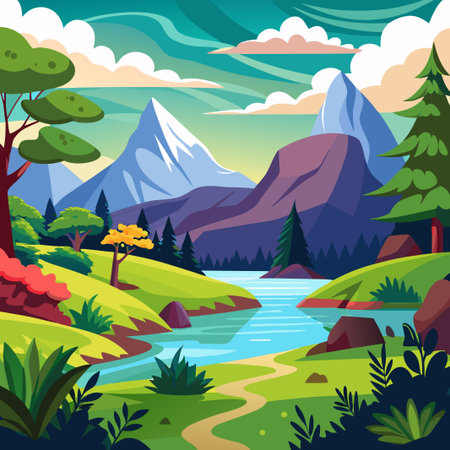 Winding path through lush green meadows, a tranquil river snaking towards snow-capped mountains under a bright blue sky.のイラスト素材