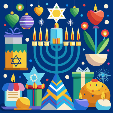 Colorful Hanukkah celebration with menorah, candles, gifts, and stars.のイラスト素材